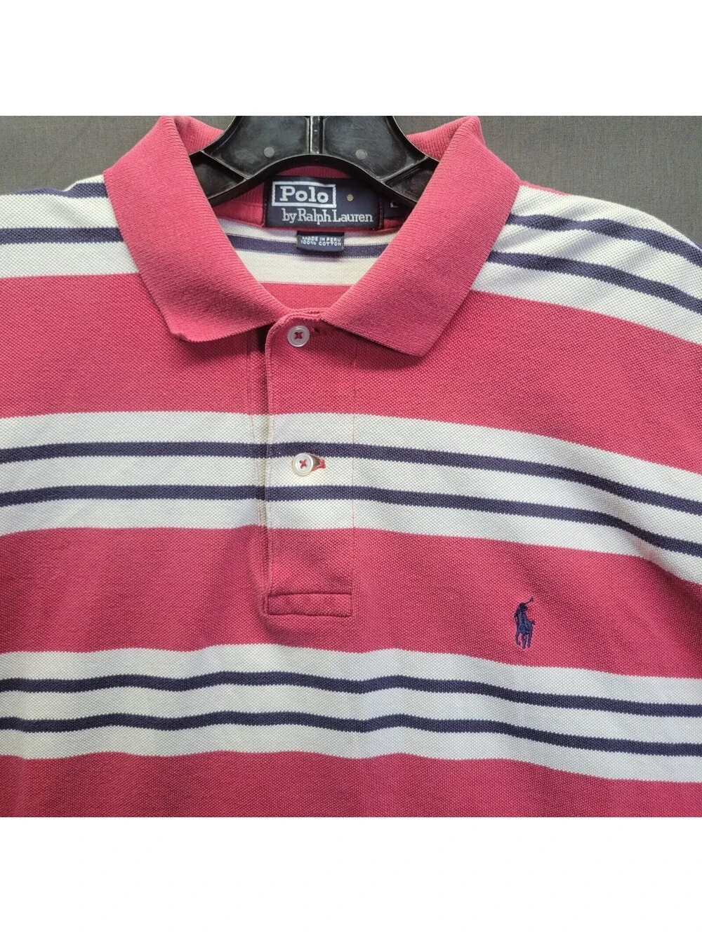 Men's Polo by Ralp Lauren Pink, White with Black 3 Stripe Polo Shirt Sz Large